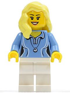 LEGO Minifigure-Medium Blue Female Shirt with Two Buttons and Shell Pendant, White Legs, Bright Light Yellow Female Hair over Shoulder-Town / City-CTY346-Creative Brick Builders